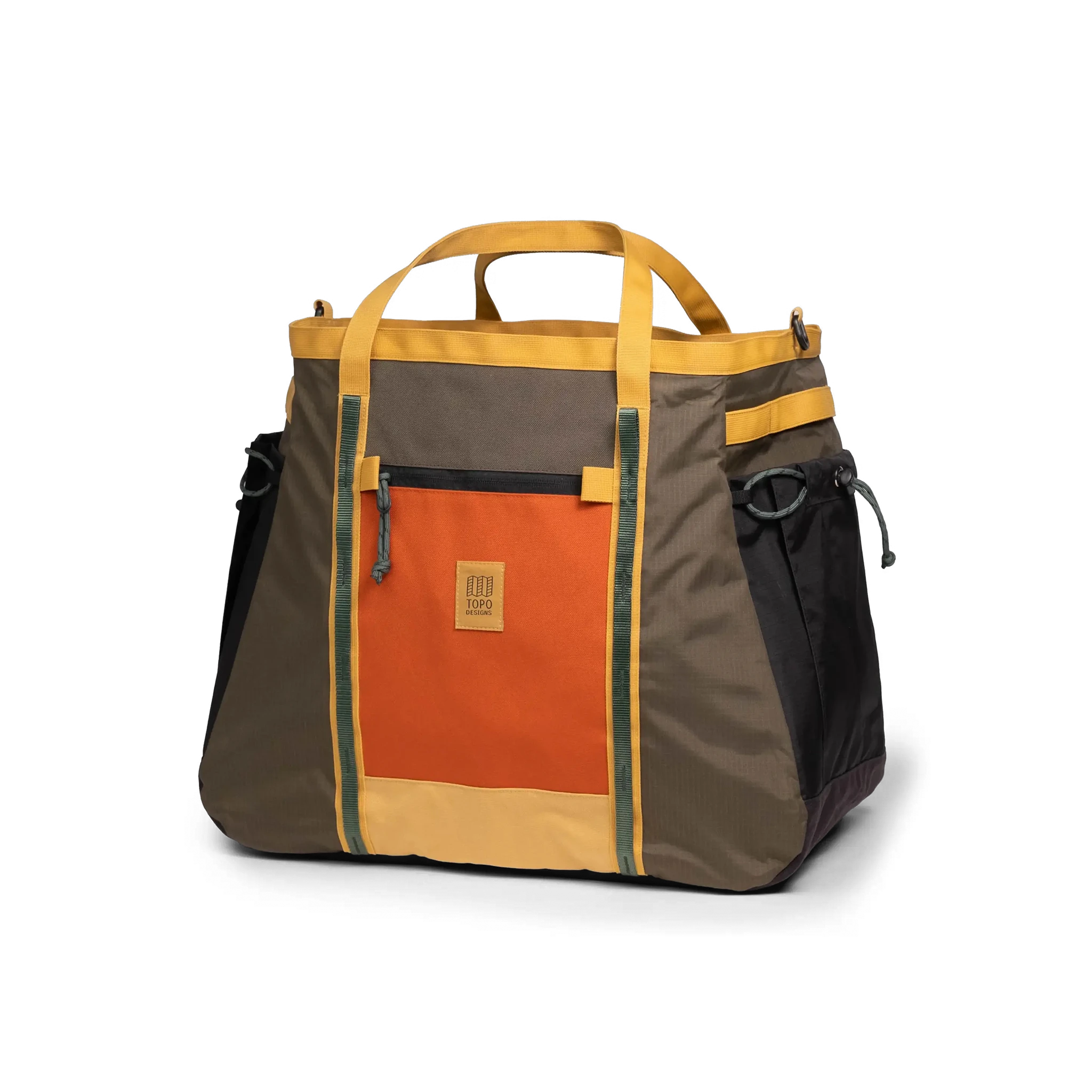 Quarter View of Topo Designs Mountain Gear Bag in "Woodland / Terracotta"