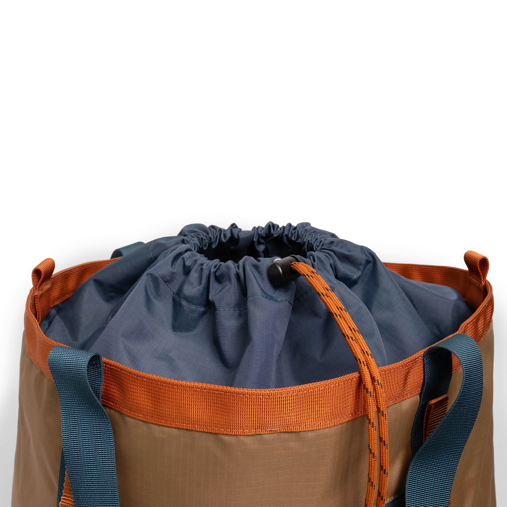 General detail shot of Topo Designs Mountain Utility Tote cinch top enclosure in "Olive / Dark Khaki".