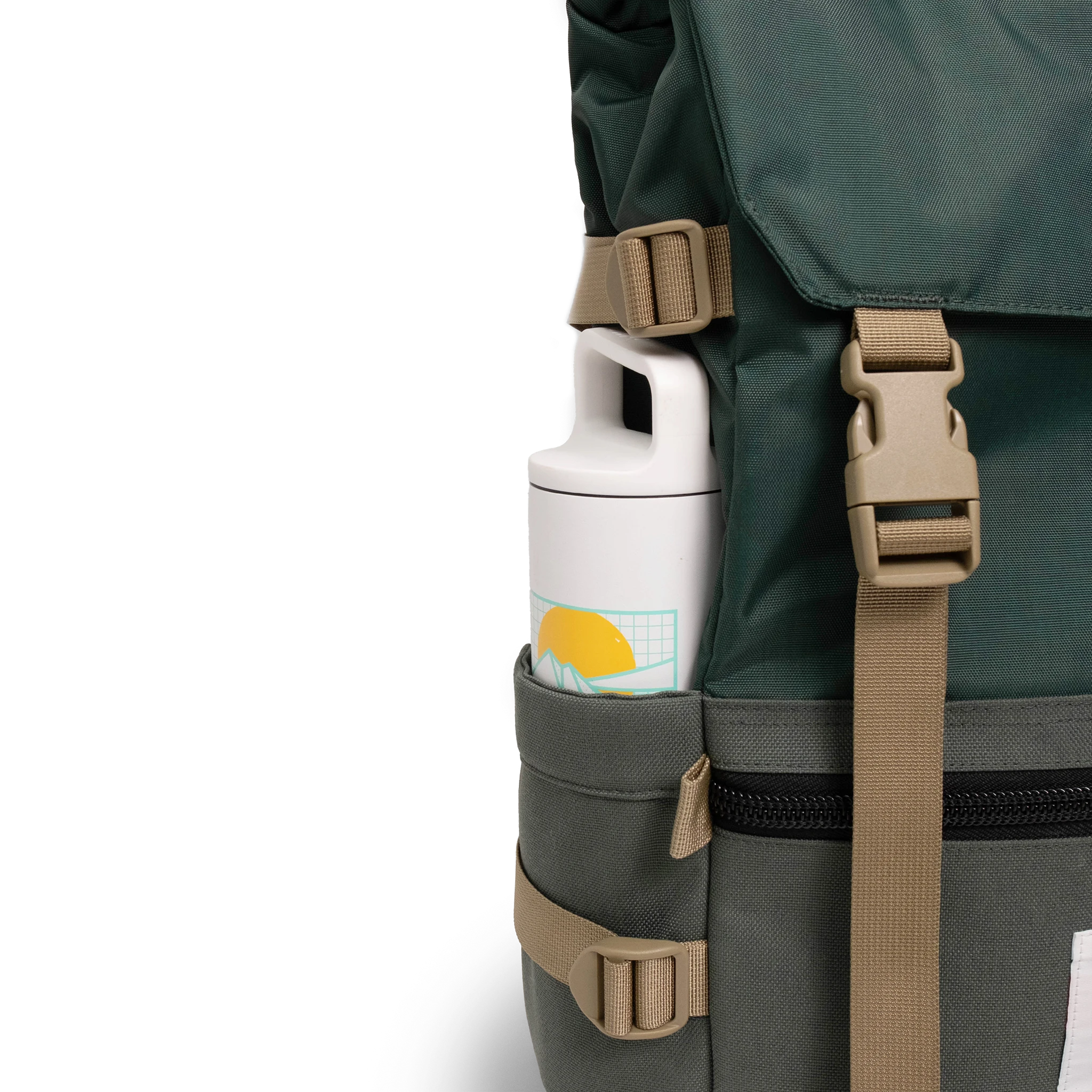 General shot Topo Designs Rover Pack Classic laptop backpack in "Forest" showing water bottle pocket.