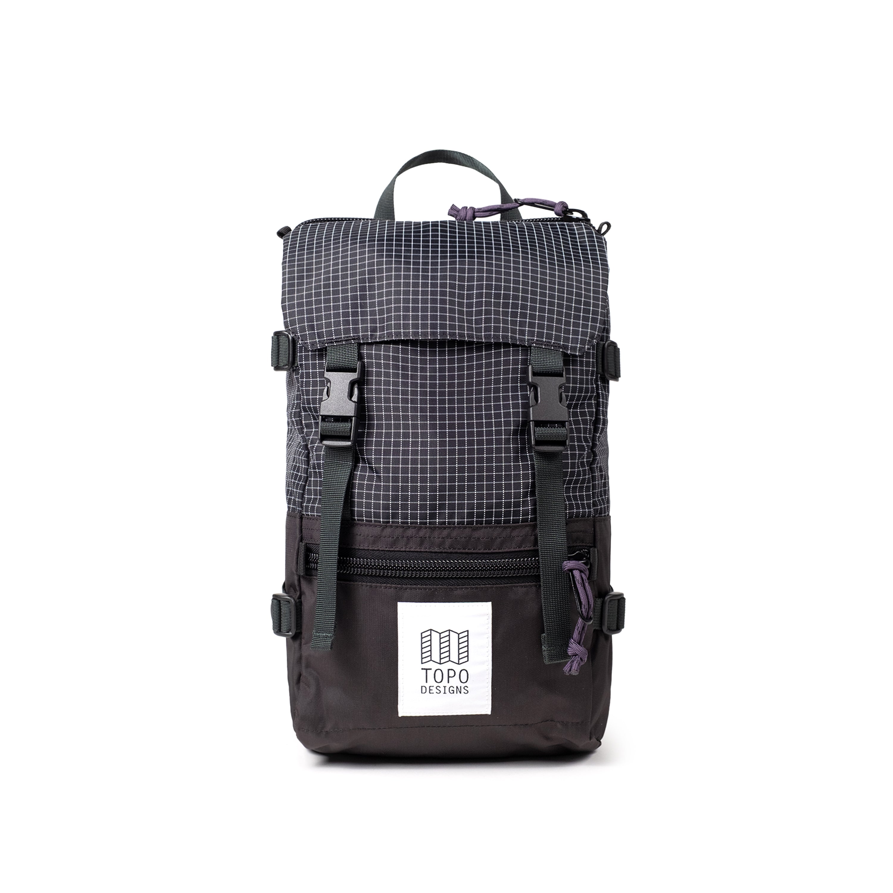 Front View of Topo Designs Rover Pack Mini in "Black Grid"