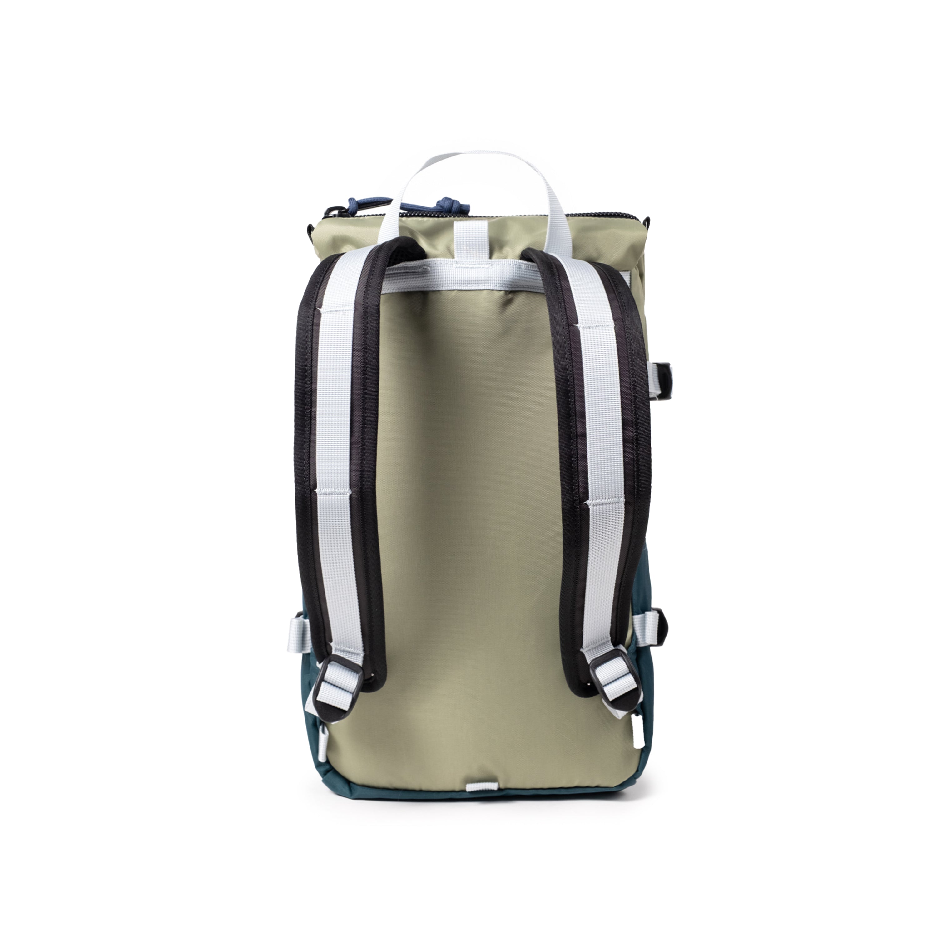 Back View of Topo Designs Rover Pack Mini in "Oil Green / Dark Pine"