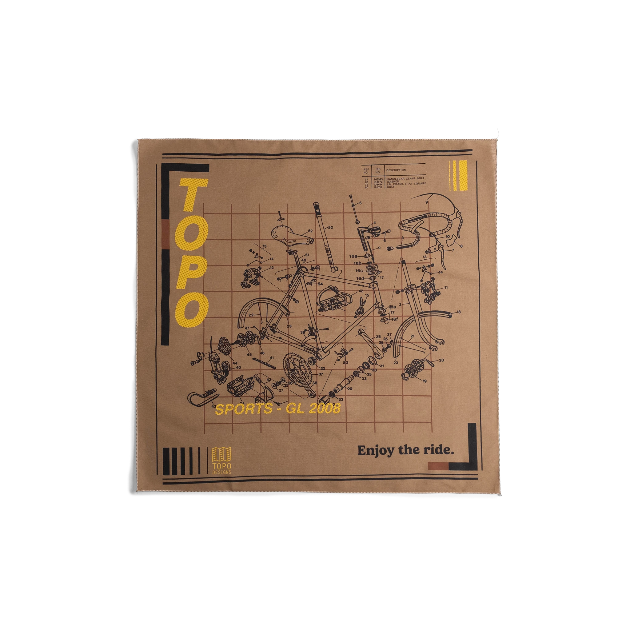 Front flay lay image of Topo Designs x Pine Printshop Enjoy The Ride Bandana in "Sand"