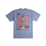 Back flat lay image of Topo Designs x Pine Printshop Proceed Slow Tee in "Clear Blue"