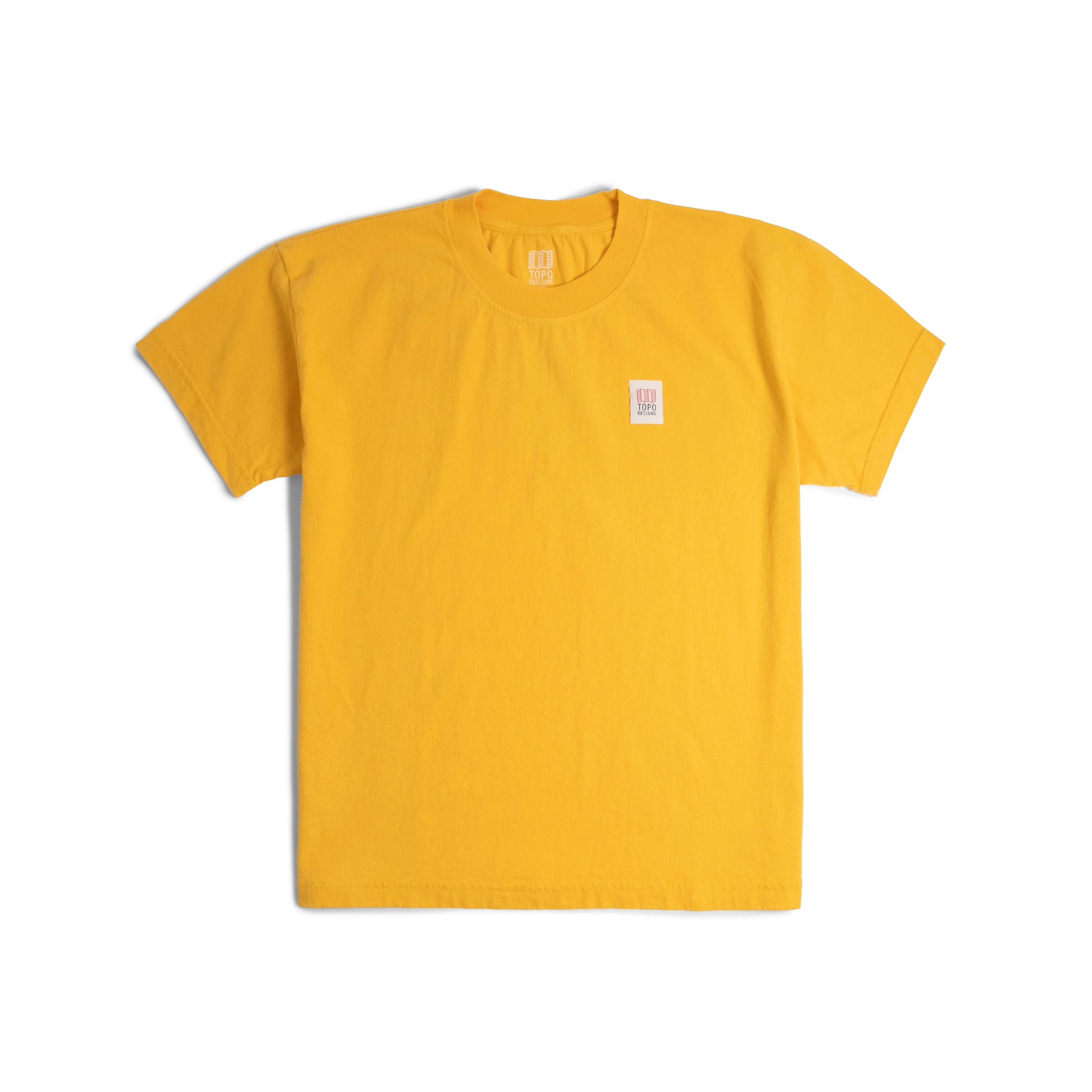 Front image of Topo Designs x Soft Goods Label Tee in "Spectra Yellow"