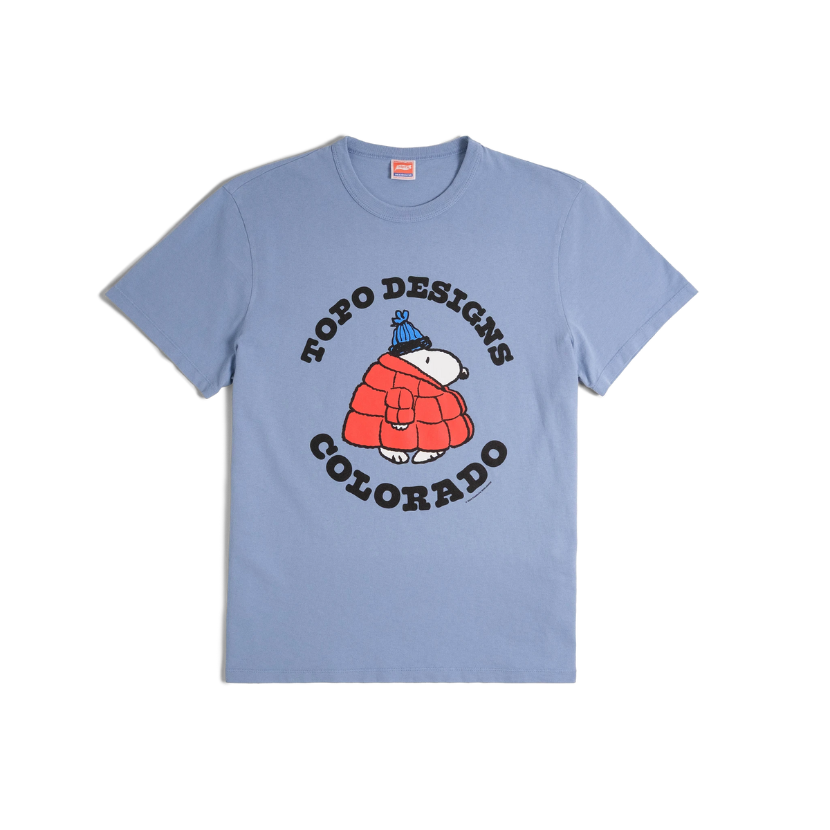 General front image of Topo Designs x TSPTR Puffy Coat Tee in "Sky Blue"