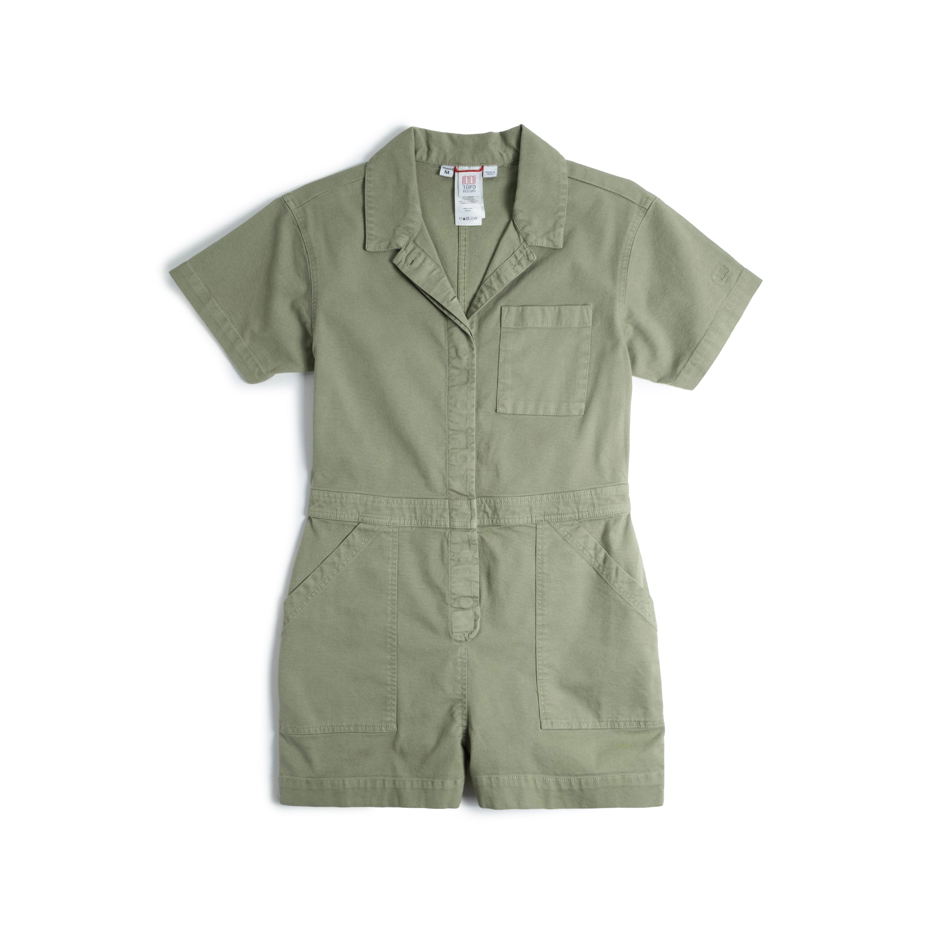 Front View of Topo Designs Dirt Romper - Women's in "Oil Green"