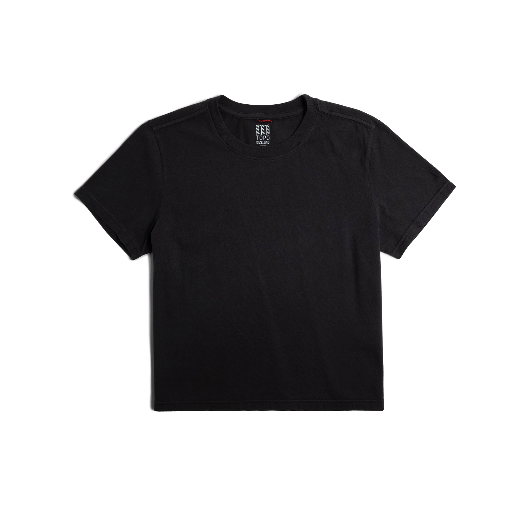 Front flat lay image on white background of Topo Designs Dirt Tee - Women's in "Black"