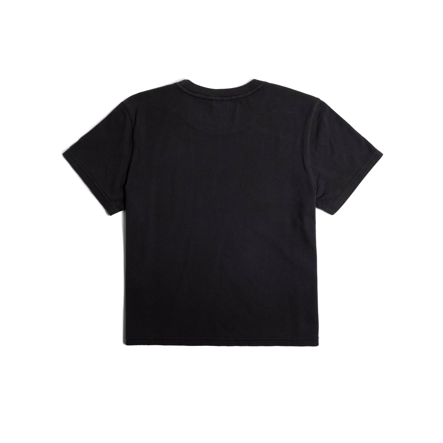 Back flat lay image on white background of Topo Designs Dirt Tee - Women's in "Black"