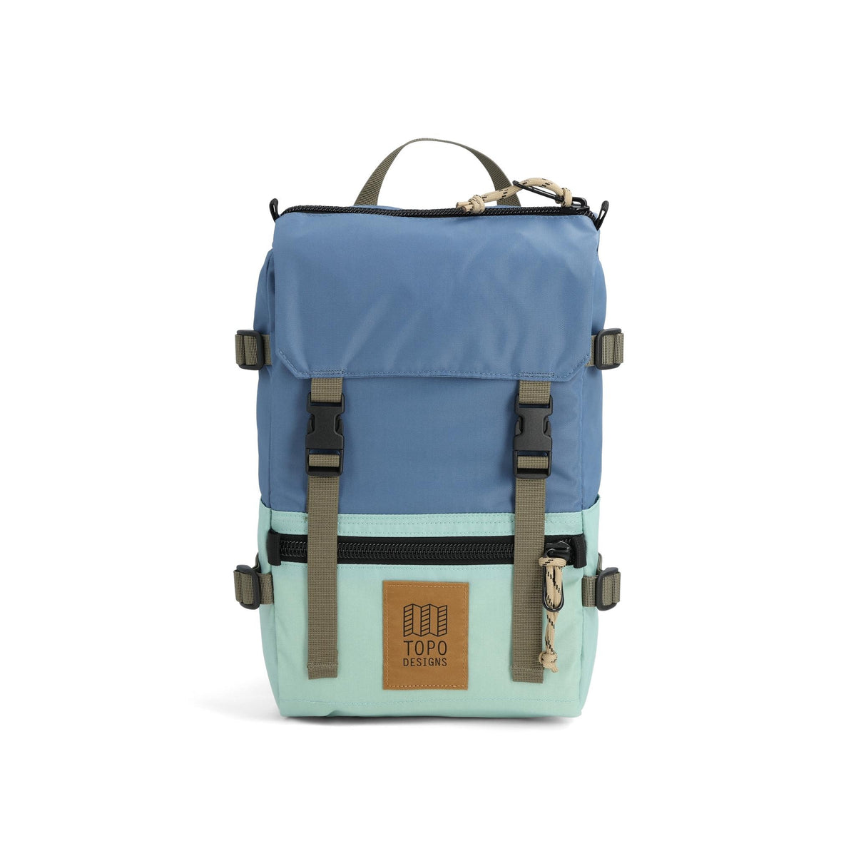 Front View of Topo Designs Rover Pack Mini in "Stone Blue / Ash Green"