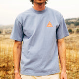 General front image of Topo Designs x Pine Printshop Proceed Slow Tee in "Clear Blue"